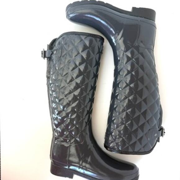 Hunter Gloss Quilted Tall Rain Boots Charcoal Rubber Waterproof 7 Women EUC - Picture 12 of 15